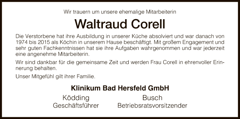  Traueranzeige für Waltraud Corell vom 01.12.2016 aus Hersfeld