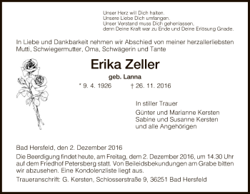 Traueranzeige von Erika Zeller von Hersfeld