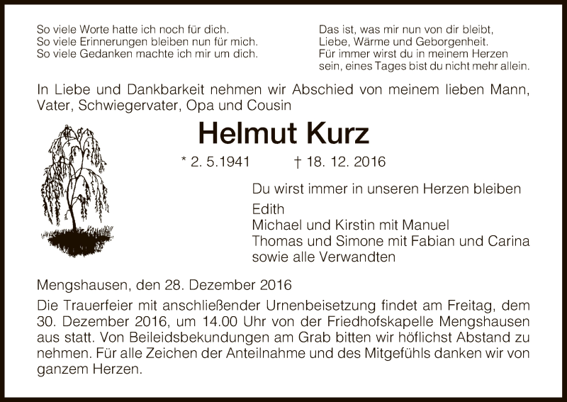  Traueranzeige für Helmut Kurz vom 28.12.2016 aus Hersfeld