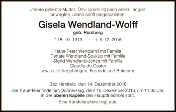 Traueranzeige von Gisela Wendland-Wolf von Hersfeld