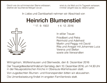 Traueranzeige von Heinrich Blumenstiel von Hersfeld