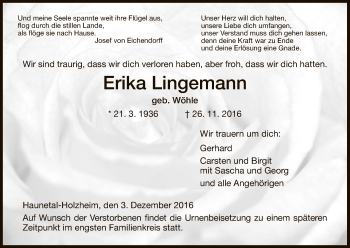 Traueranzeige von Erika Lingemann von Hersfeld