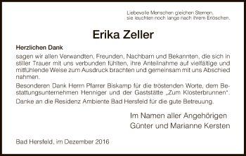 Traueranzeige von Erika Zeller von Hersfeld