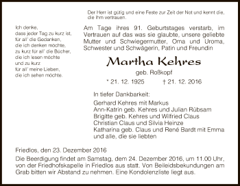 Traueranzeige von Martha Kehres von Hersfeld