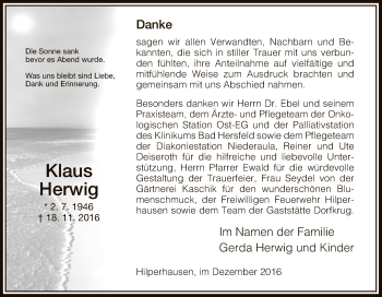 Traueranzeige von Klaus Herwig von Hersfeld