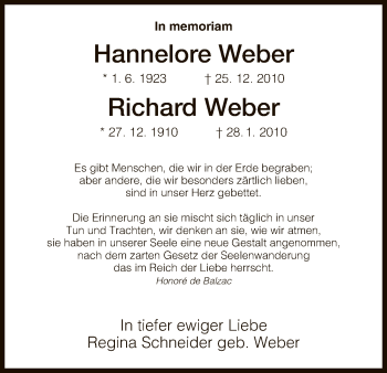 Traueranzeige von Hannelore und Richard Weber von Hersfeld