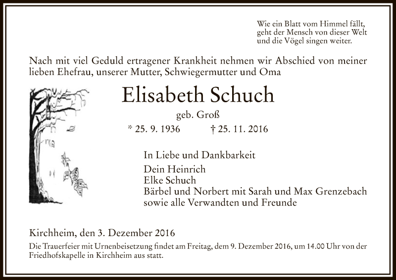  Traueranzeige für Elisabeth Schuch vom 03.12.2016 aus Hersfeld