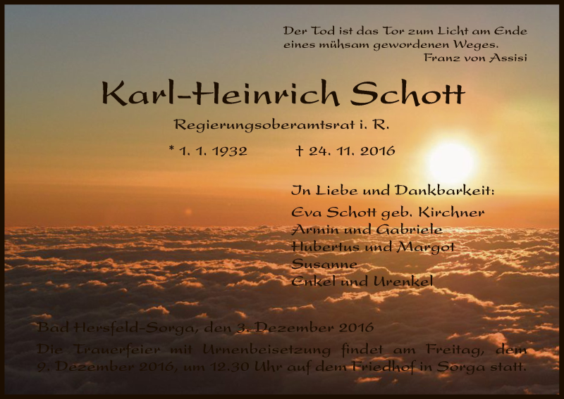  Traueranzeige für Karl-Heinrich Schott vom 03.12.2016 aus Hersfeld