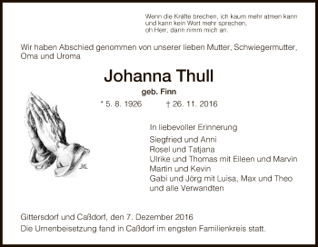 Traueranzeige von Johanna Tull von Hersfeld