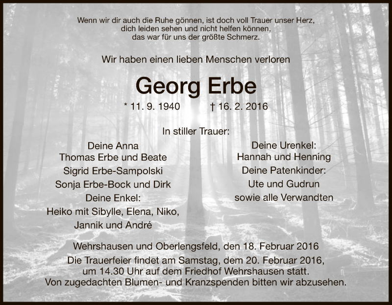  Traueranzeige für Georg Erbe vom 18.02.2016 aus Hersfeld