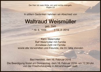Traueranzeige von Waltraud Weismüller von Hersfeld