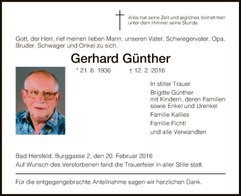 Traueranzeige von Gerhard Günther von Hersfeld