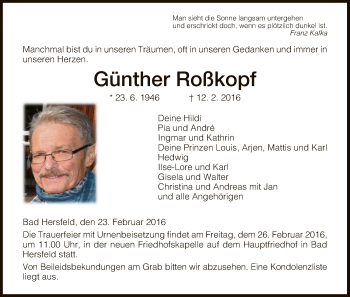 Traueranzeige von Günther Roßkopf von Hersfeld