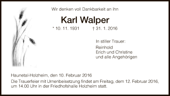 Traueranzeige von Karl Walper von Hersfeld