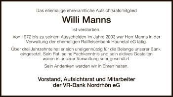 Traueranzeige von Willi Manns von Hersfeld