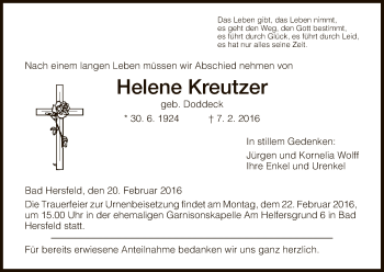 Traueranzeige von Helene Kreutzer von Hersfeld