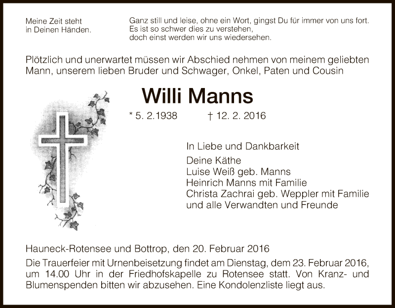  Traueranzeige für Willi Manns vom 20.02.2016 aus Hersfeld