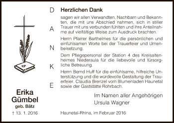 Traueranzeige von Erika Gümbel von Hersfeld