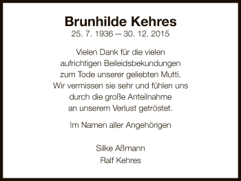 Traueranzeige von Brunhilde Kehres von Hersfeld