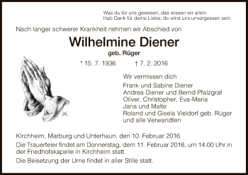 Traueranzeige von Wilhelmine Diener von Hersfeld