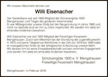 Traueranzeige von Willi Eisenacher von Hersfeld