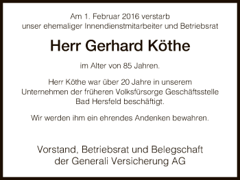 Traueranzeige von Gerhard Köthe von Hersfeld