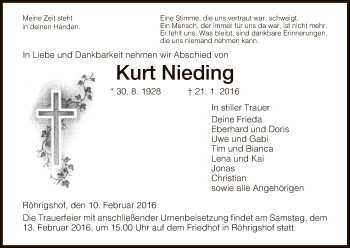 Traueranzeige von Kurt Nieding von Hersfeld