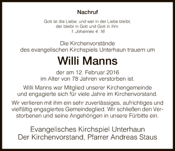 Traueranzeige von Willi Manns von Hersfeld