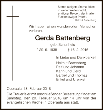 Traueranzeige von Gerda Battenberg von Hersfeld