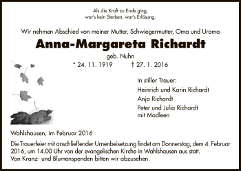 Traueranzeige von Anna-Margareta Richardt von Hersfeld