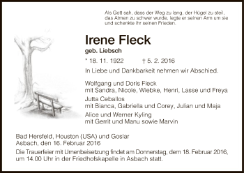 Traueranzeige von Irene Fleck von Hersfeld