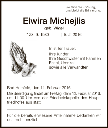 Traueranzeige von Elwira Michejlis von Hersfeld