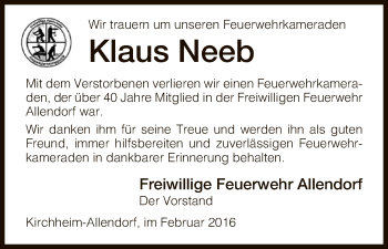 Traueranzeige von Klaus Neeb von Hersfeld