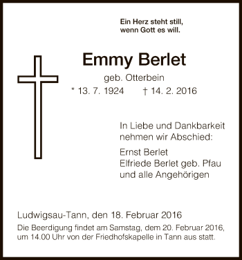 Traueranzeige von Emmy Berlet von Hersfeld