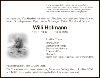 Traueranzeige von Willi Hofmann von Hersfeld