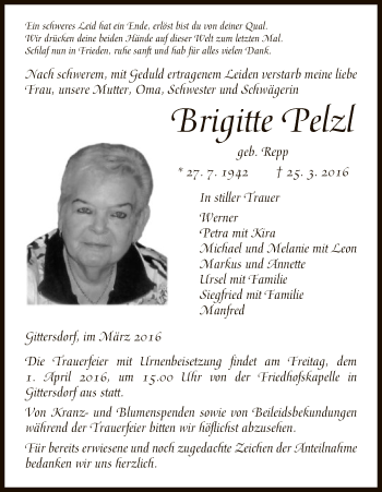 Traueranzeige von Brigitte Pelzl von Hersfeld