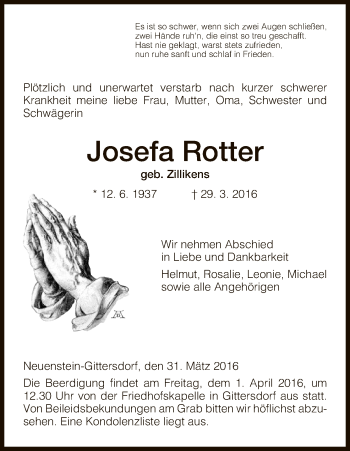 Traueranzeige von Josefa Rotter von Hersfeld