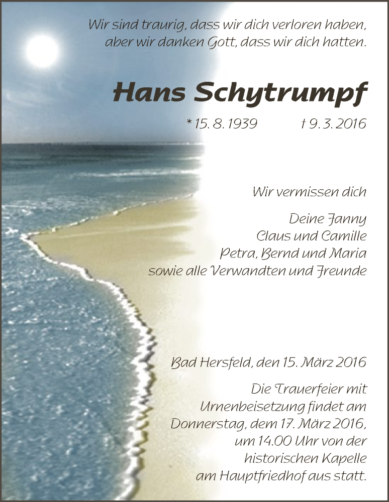  Traueranzeige für Hans Schytrumpf vom 15.03.2016 aus Hersfeld