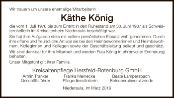 Traueranzeige von Käthe König von Hersfeld