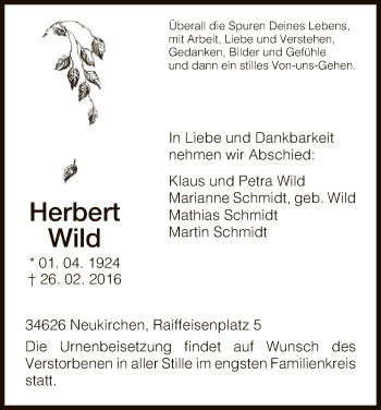 Traueranzeige von Herbert Wild von Hersfeld