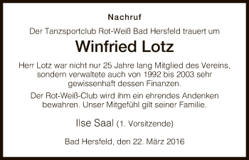 Traueranzeige von Winfried Lotz von Hersfeld