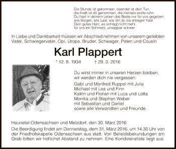 Traueranzeige von Karl Plappert von Hersfeld