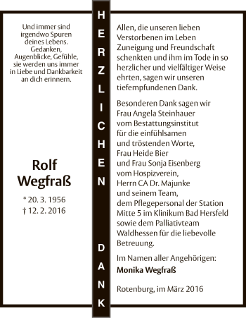 Traueranzeige von Rolf Wegfraß von Hersfeld