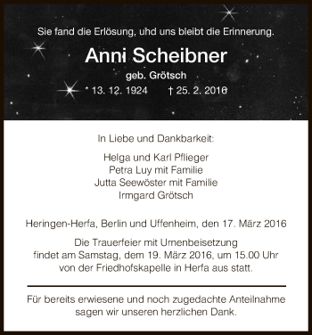 Traueranzeige von Anni Scheibner von Hersfeld