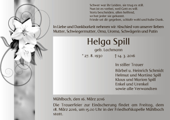 Traueranzeige von Helga Spill von Hersfeld