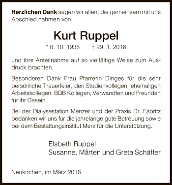 Traueranzeige von Kurt Ruppel von Hersfeld