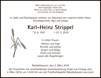 Traueranzeige von Karl-Heinz Strippel von Hersfeld