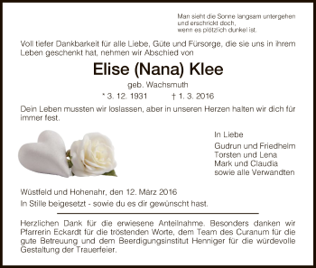 Traueranzeige von Elise Klee von Hersfeld