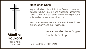 Traueranzeige von Günther Roß?kopf von Hersfeld