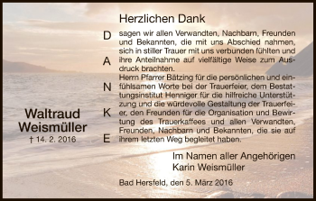 Traueranzeige von Waltraud Weismüller von Hersfeld